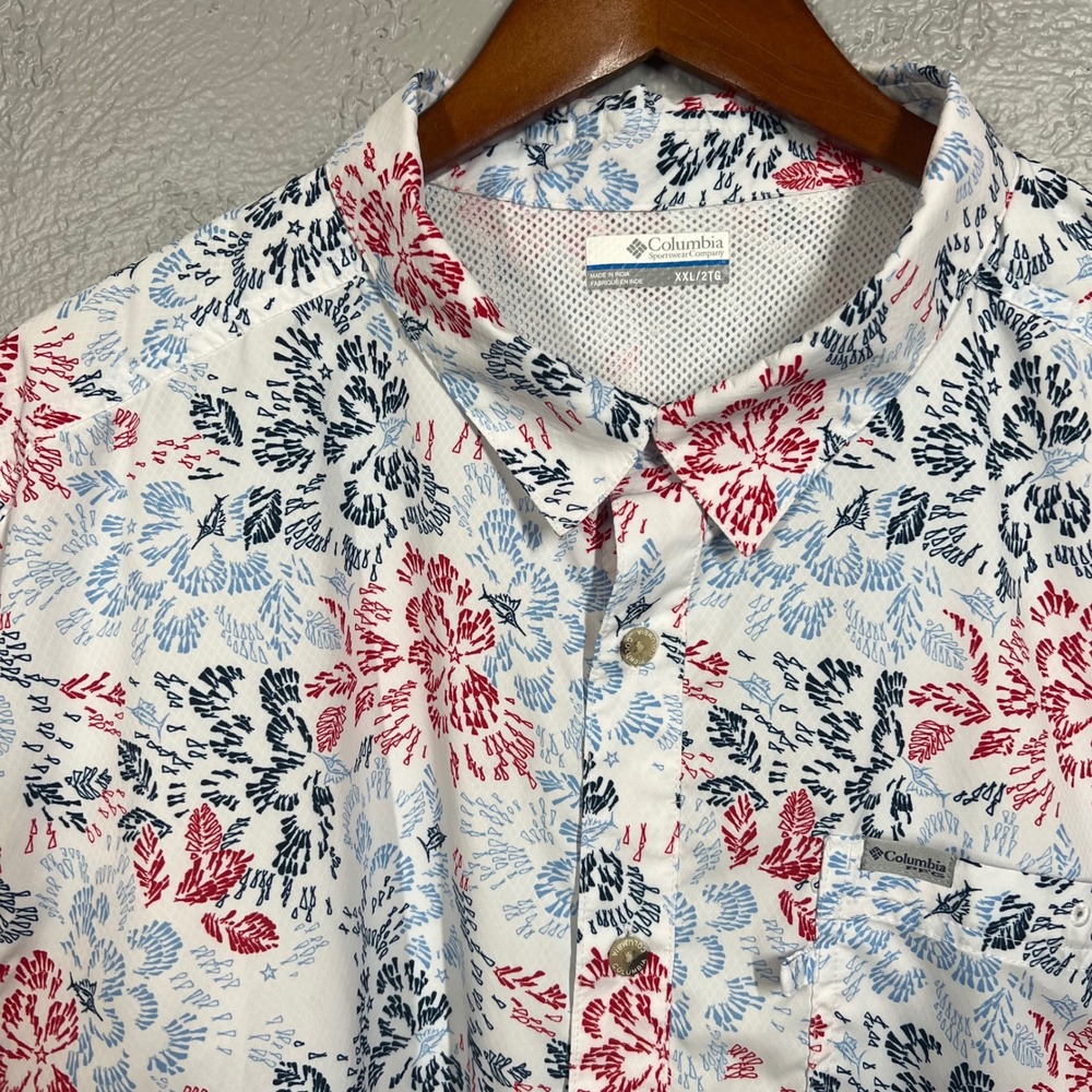 Columbia PFG Tamiami II Shirt XXL White Red Blue Fish Print Vented Fishing S/S